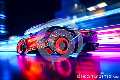 Futuristic sports neon 3d render car background Cartoon Illustration