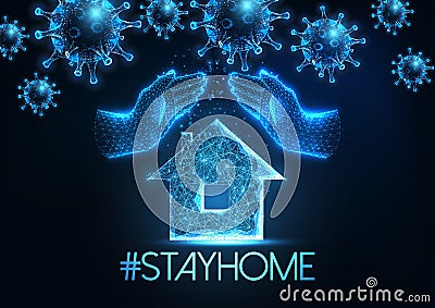 Futuristic stay at home during coronavirus quarantine concept with glowing hands protecting a house Vector Illustration