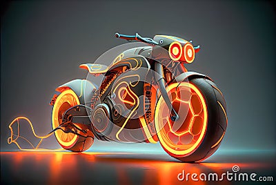 Futuristic steampunk motorcycle.Orange neon glow Cartoon Illustration