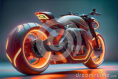 Futuristic steampunk motorcycle.Orange neon glow Cartoon Illustration