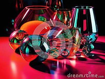 Futuristic still life with metallic objects and neon Stock Photo