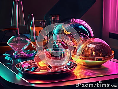 Futuristic still life with metallic objects and neon Stock Photo