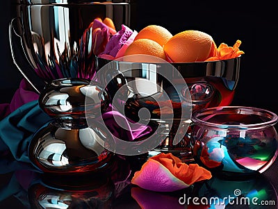 Futuristic still life with metallic objects and neon Stock Photo