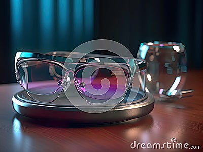 Futuristic still life smart glasses hologram AI chatbot Stock Photo