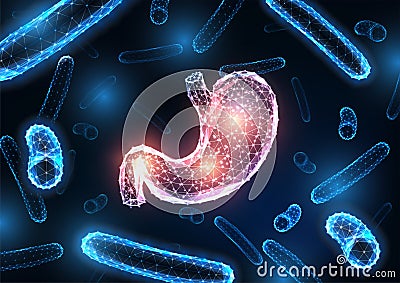 Futuristic stomach infection, gastroenteritis concept with glowing human stomach and bacteria Vector Illustration