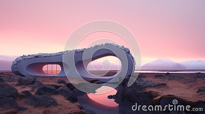Futuristic Stone Structure At Sunset: A Soft Rendering Of Minimalist Parametric Architecture Stock Photo