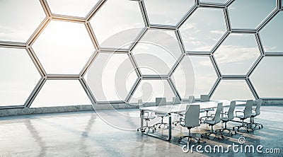 Futuristic style business hall with honeycomb window and white conference table and chairs Stock Photo