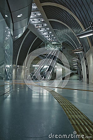 Futuristic subway station with guiding lines and an escalator near Heumarkt in Cologne, Germany Stock Photo
