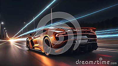 Futuristic super car in the city highway. Fast moving sports car. Car in motion. generative AI Stock Photo