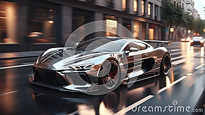 Futuristic super car in the city highway. Fast moving sports car. Car in motion. generative AI Stock Photo