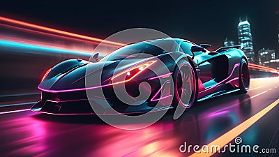 Futuristic super car in the city highway. Fast moving sports car. Car in motion. generative AI Stock Photo