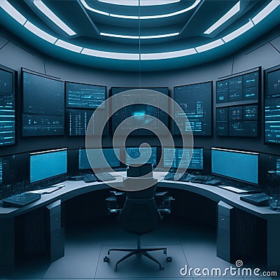 futuristic surveillance room illustration Cartoon Illustration