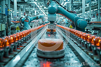 Futuristic Symphony of Automation: Robots on the Assembly Line in High-Tech Facility. Generative AI Stock Photo