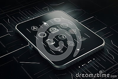 Futuristic Tablet Interface Security System, Data Visualization, Network Monitoring Stock Photo