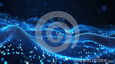 Futuristic tech background shows abstract particle mesh. Dynamic blue wave patterns create high tech design. Digital Stock Photo