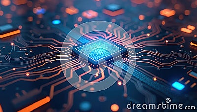 Futuristic tech circuit board glows with blue, orange lights. Complex circuit patterns weave across surface. Processor chip Stock Photo
