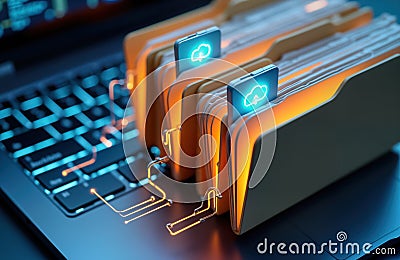 Futuristic tech concept shows file transfer protocol, computer file receiver. Data transfer between folders on laptop. Glowing Stock Photo