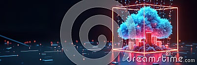 Futuristic tech illustration shows cloud computing database system. Glowing neon structures depict data transfer. Glowing neon Cartoon Illustration