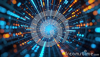 Futuristic tech illustration shows secure data tunneling through encrypted digital space. Quantum data transmission concept. Cartoon Illustration