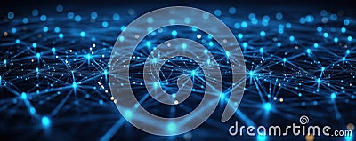 Futuristic tech network. Blue glowing lines connect luminous nodes. Abstract complex tech structure. Modern network system. Stock Photo