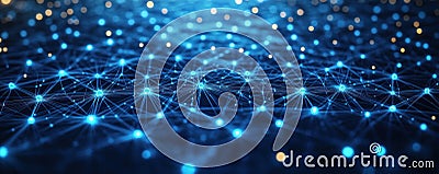 Futuristic tech network with glowing blue lines, points. Complex tech system interconnected. Abstract network shows global Cartoon Illustration