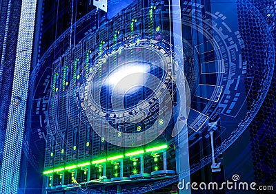 Futuristic tech scheme on background of fantastic symmetric number mainframes Stock Photo