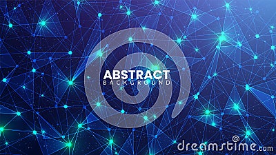 Futuristic technology with abstract mesh and particles on a dark background. Plexus lines with glowing connected dots. Neural Vector Illustration
