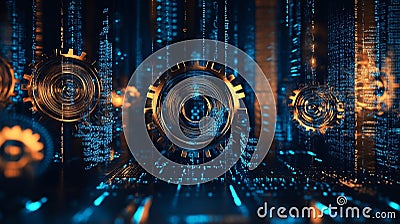 Futuristic Technology Background, Interlocking Gears, And Cogs In Digital Space, 3D Render Stock Photo