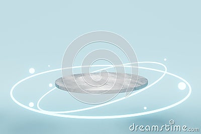 A futuristic technology blank platform with glowing neon round lighting. 3D rendering Stock Photo