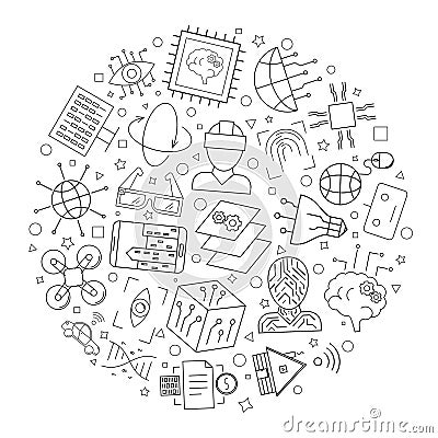 Futuristic technology circle background from line icon. Linear vector pattern. Vector Illustration