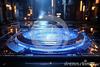 Futuristic Technology Holographic Floating HUD Displays in High-Tech Background, generative AI Stock Photo