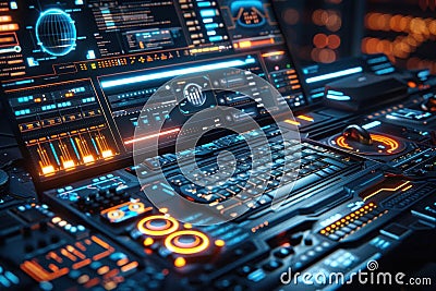 Futuristic Technology Interface, Digital Display, Keyboard, and Controls Stock Photo