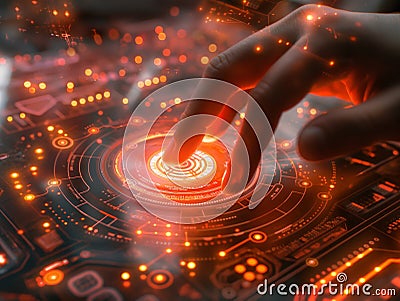 Futuristic Technology Interface Touch by Human Hand Stock Photo