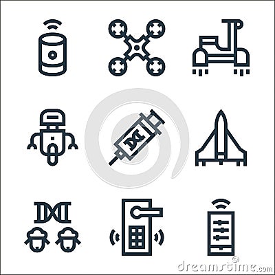 futuristic technology line icons. linear set. quality vector line set such as smart control, doorknob, clone, jet, bioengineering Vector Illustration