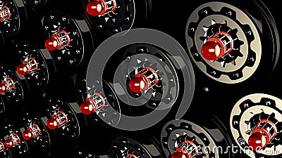 Futuristic technology with rows of spinning round shaped engines with red bulbs, seamless loop. Motion. Rotating space Stock Photo