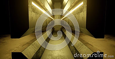 Futuristic Technology Show Stage Track Path Entrance Gate Underground Garage Hall Tunnel Corridor Copper Brown or Yellow Banner Stock Photo