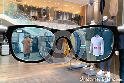 Futuristic technology trend concept in smart glasses.user can use smart glasses with augmented mixed virtual reality in retail to Stock Photo