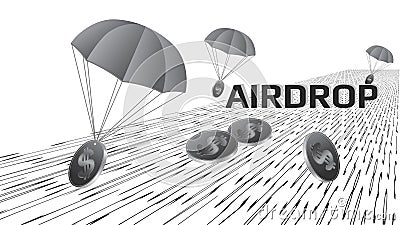 Futuristic token airdrop concept with receding perspective on the digital road and coin Dollars USD with parachutes in gray colors Vector Illustration