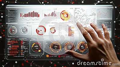 Futuristic touchscreen interface with data analytics, interactive dashboard Stock Photo