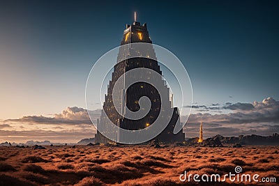 Futuristic Tower in Golden Alien Landscape Stock Photo