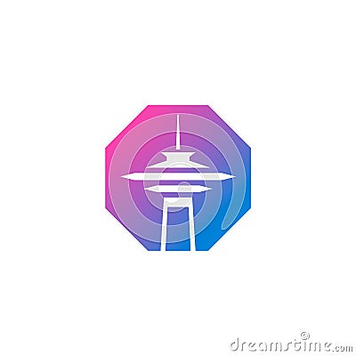 Futuristic tower logo inside a octagon shape Vector Illustration