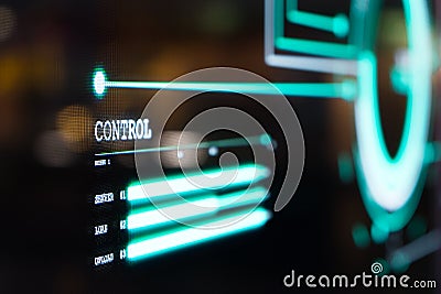 Futuristic transparent OLED screen dashboard illuminate blue pixel light and display status of computer network system control Stock Photo