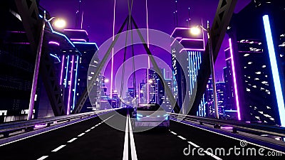 Futuristic transport car on highway in metaverse city. 3d render Stock Photo