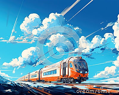 Futuristic transport trn has a blue sky background. Cartoon Illustration