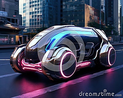 Futuristic transport vehicle with metaverse city. Cartoon Illustration