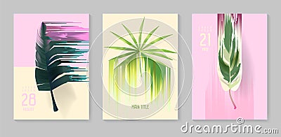 Futuristic Tropical Posters Set with Glitch Effect. Abstract Tropic Backgrounds for Covers, Brochure, Placards Vector Illustration