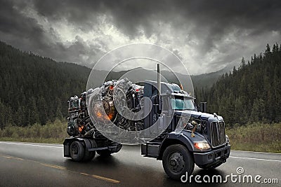 A futuristic truck is driving on the road. Dark dramatic landscape with forest as background, gloomy sky, rainy clouds. Generative Stock Photo