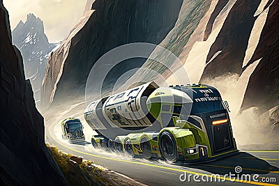 futuristic truck racing on twisting mountain road, with competitors in close pursuit Stock Photo