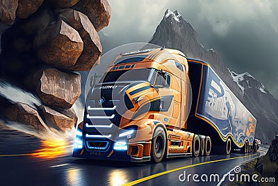 futuristic truck racing on twisting mountain road, with competitors in close pursuit Stock Photo