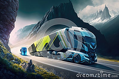 futuristic truck racing on twisting mountain road, with competitors in close pursuit Stock Photo